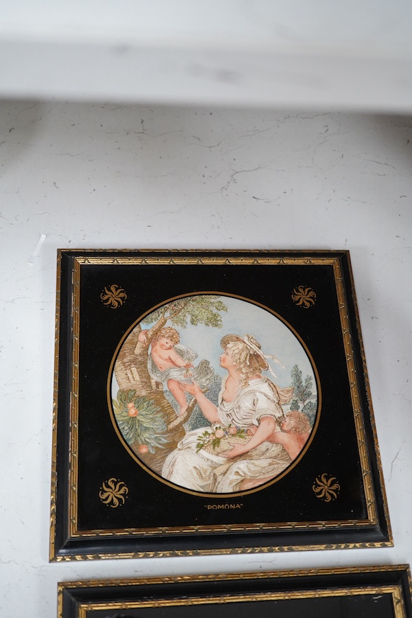 A pair of 19th century silk work embroideries depicting Ceres and Pomona, framed. Condition - fair to good